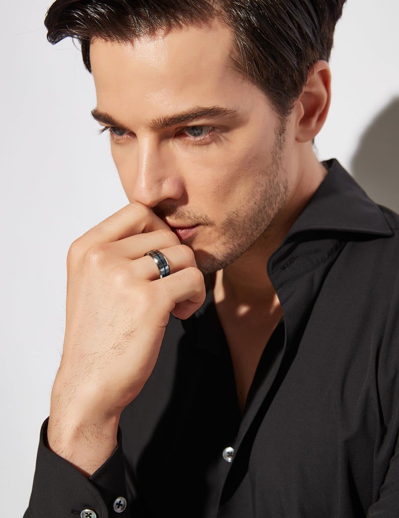 Greenpod 8MM Tungsten Carbide Rings Silver Blue High Polished Beveled Edge Wedding Band for Men Women Engraved I Love You Size 11 - Image 4